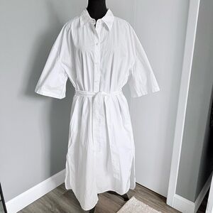 Aritzia BABATON White Cotton Poplin Short Sleeve Button Down Shirt Midi Dress